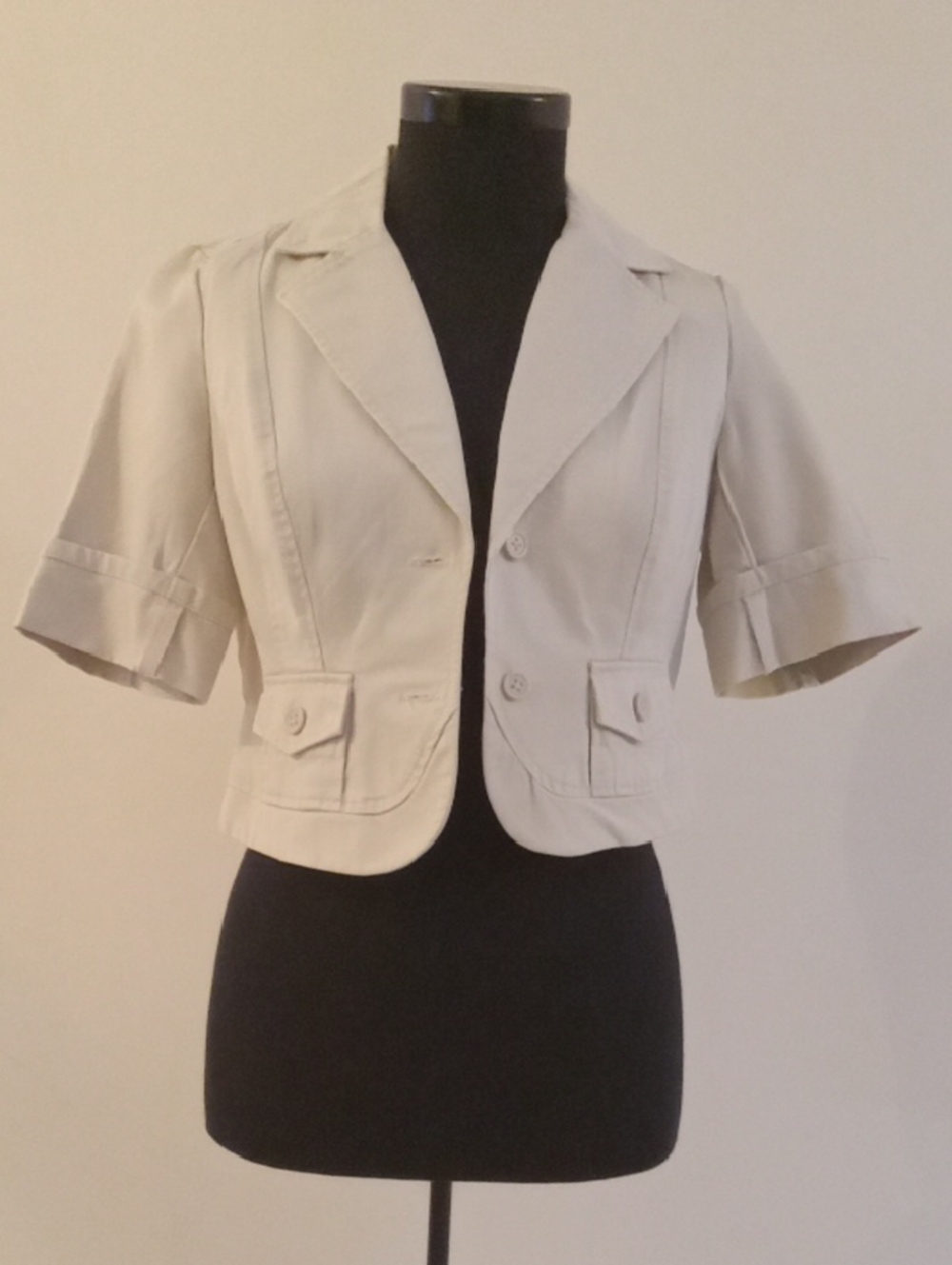 Cropped Short Sleeve Vintage Women's Blazer Jacket - Light Beige